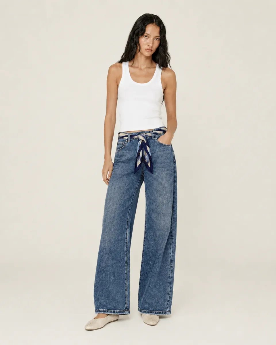 Pantalon Wide Leg de Mezclilla Azul con Cinturon para Mujer - Image 3