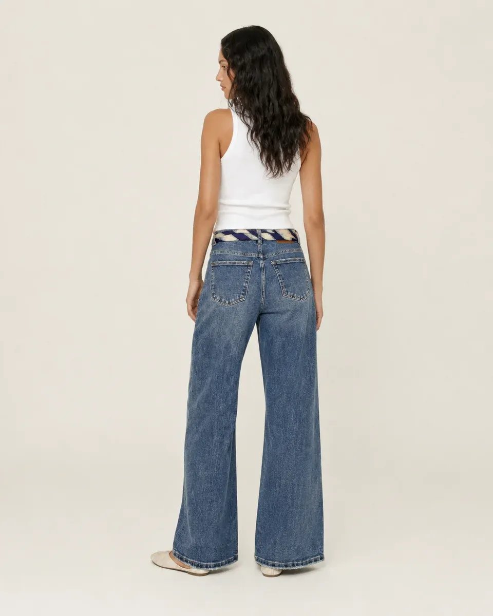 Pantalon Wide Leg de Mezclilla Azul con Cinturon para Mujer - Image 4
