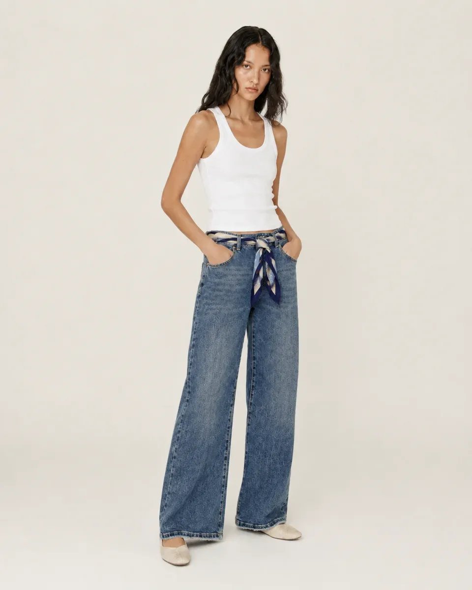 Pantalon Wide Leg de Mezclilla Azul con Cinturon para Mujer - Image 5