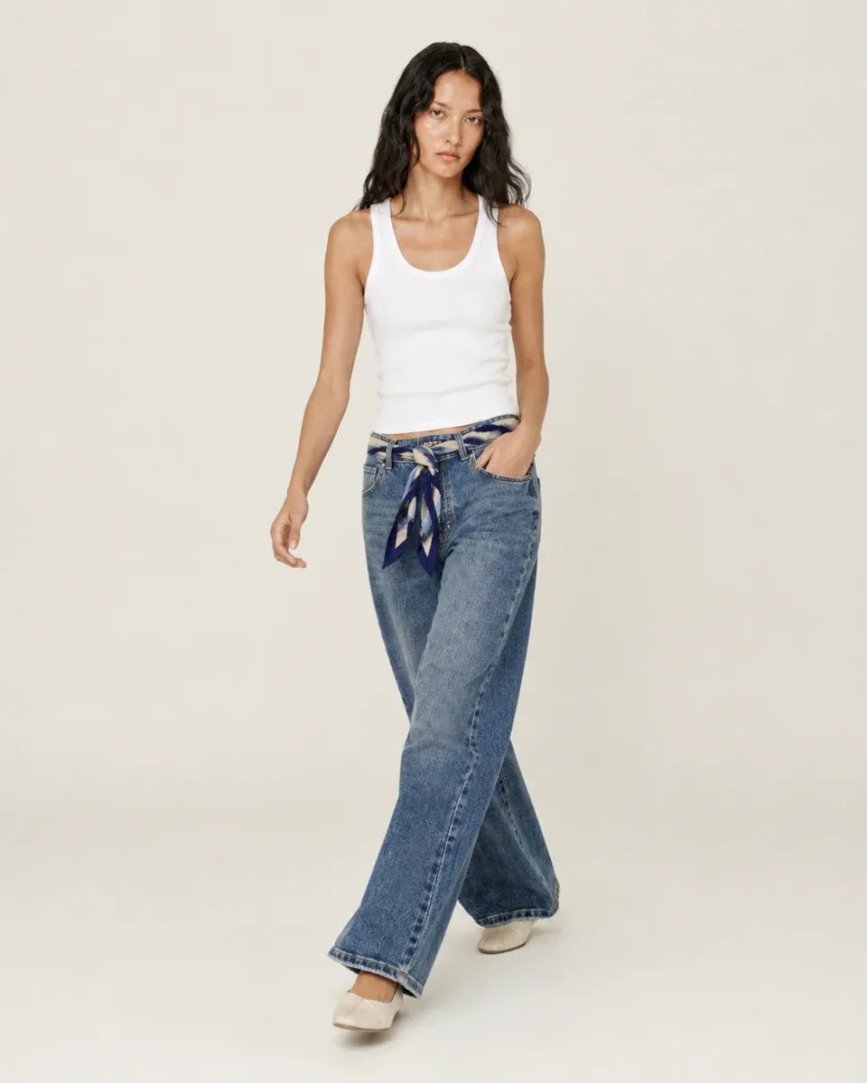 Pantalon Wide Leg de Mezclilla Azul con Cinturon para Mujer - Image 7