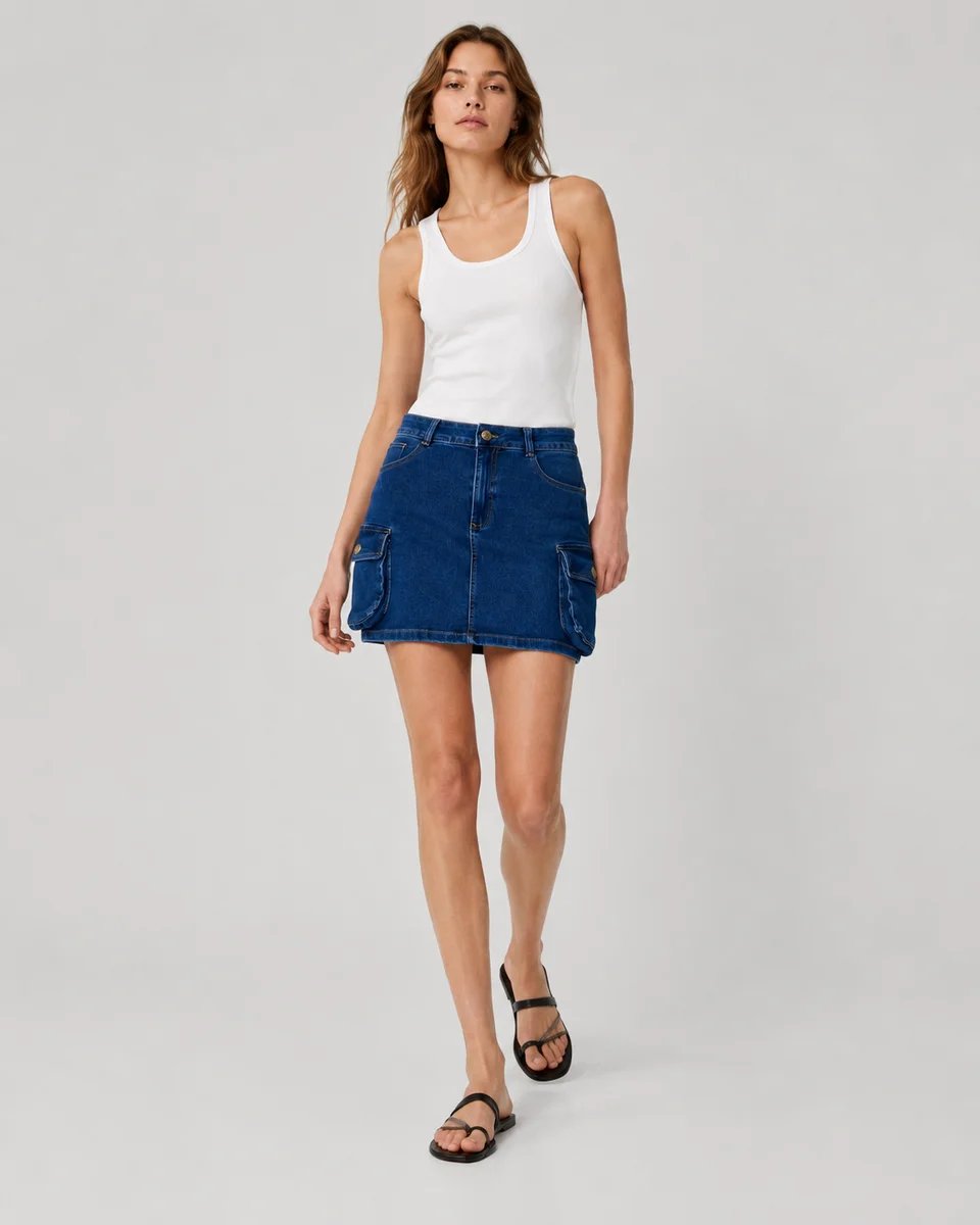 Falda Denim Cargo Azul Mini Con Bolsillos Para Mujer