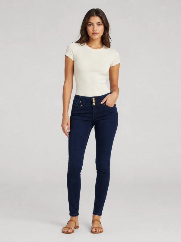 Jeans Skinny Tiro Alto Azul Oscuro Para Mujer Con Botones Dorados