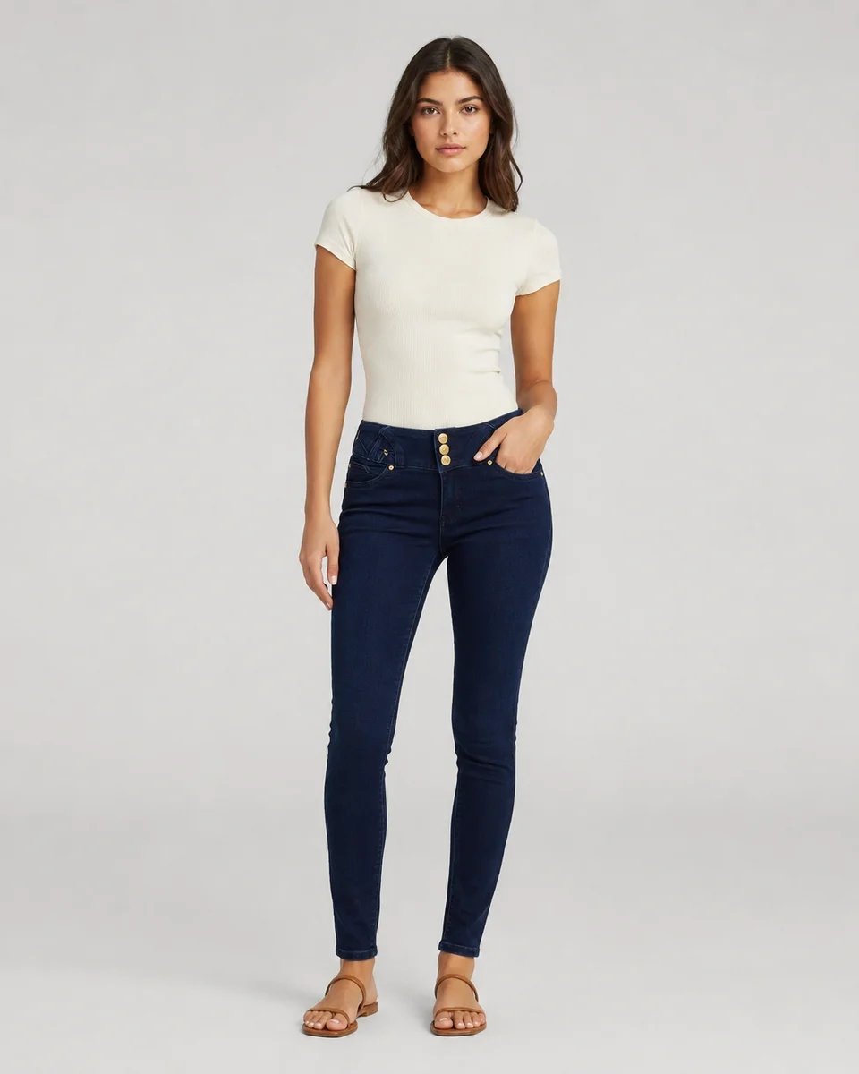 Jeans Skinny Tiro Alto Azul Oscuro Para Mujer Con Botones Dorados