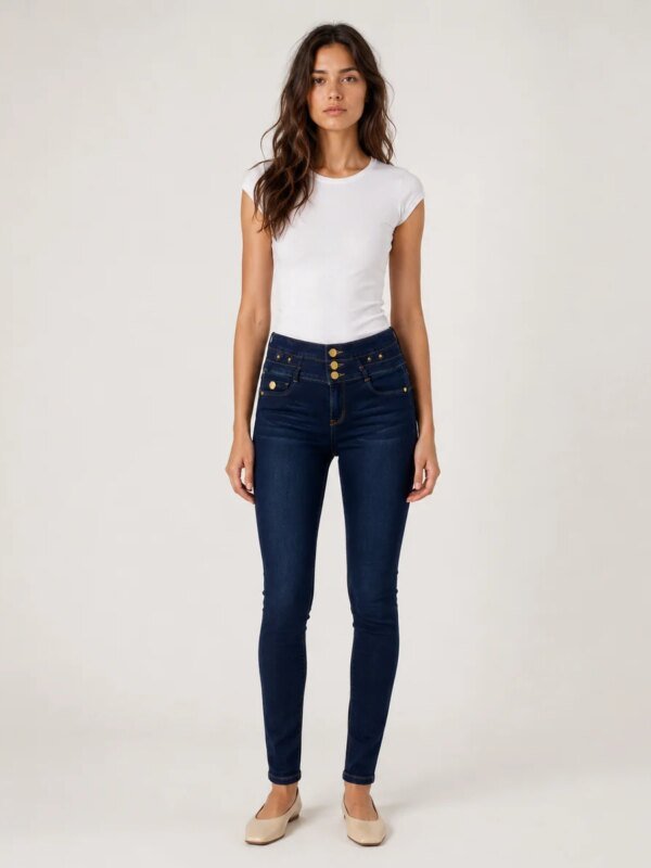 Jeans Skinny Tiro Alto Azul Oscuro Con Botones Para Mujer