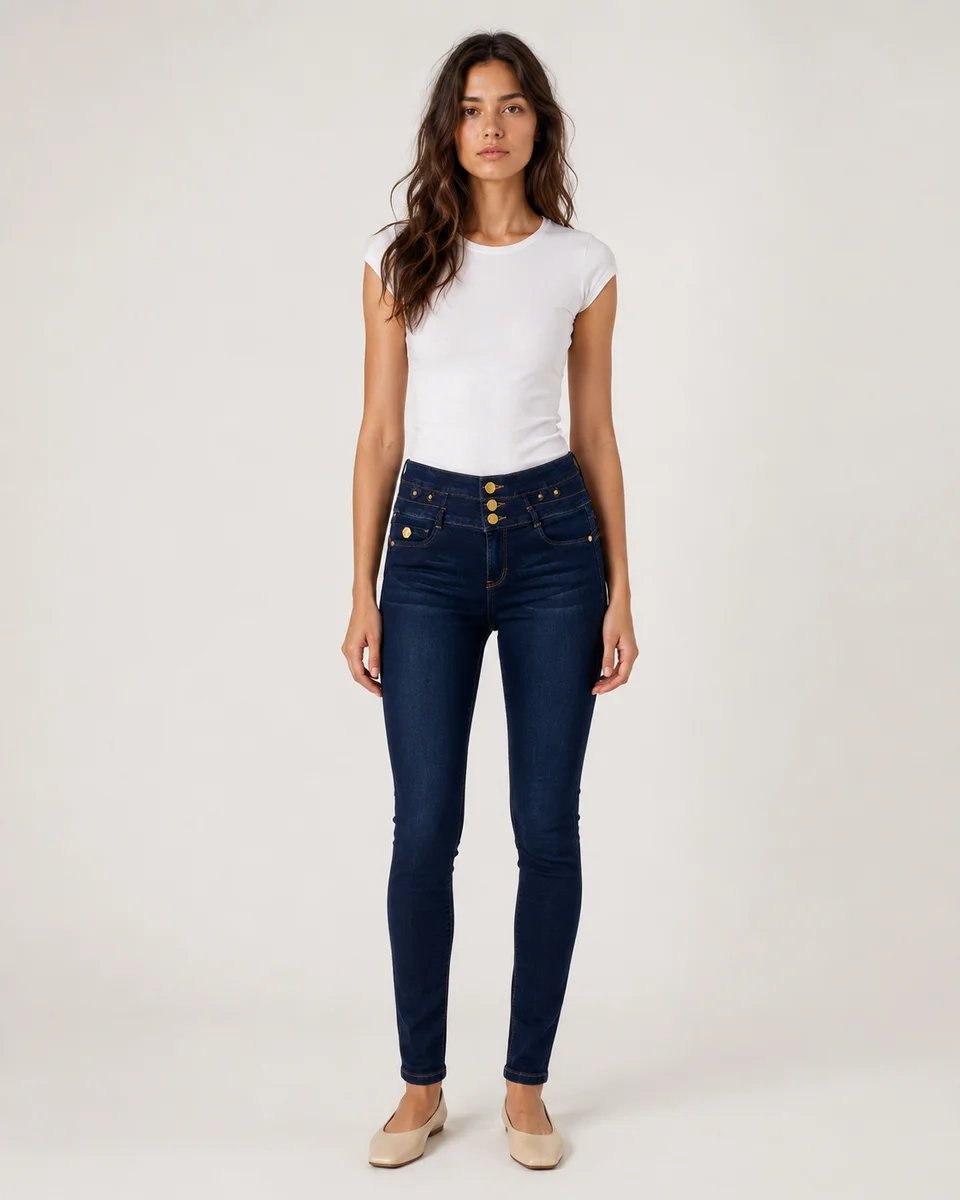 Jeans Skinny Tiro Alto Azul Oscuro Con Botones Para Mujer