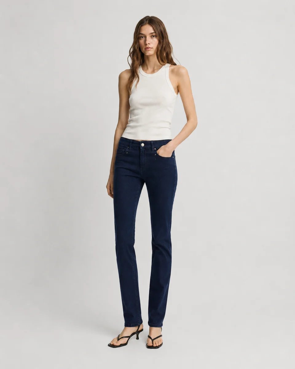 Jeans Rectos de Tiro Alto en Azul Marino para Mujer