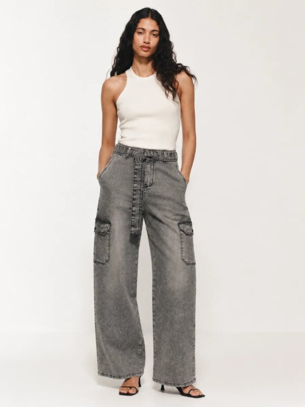 Pantalon Cargo Wide Leg de Mezclilla Gris Acido para Mujer