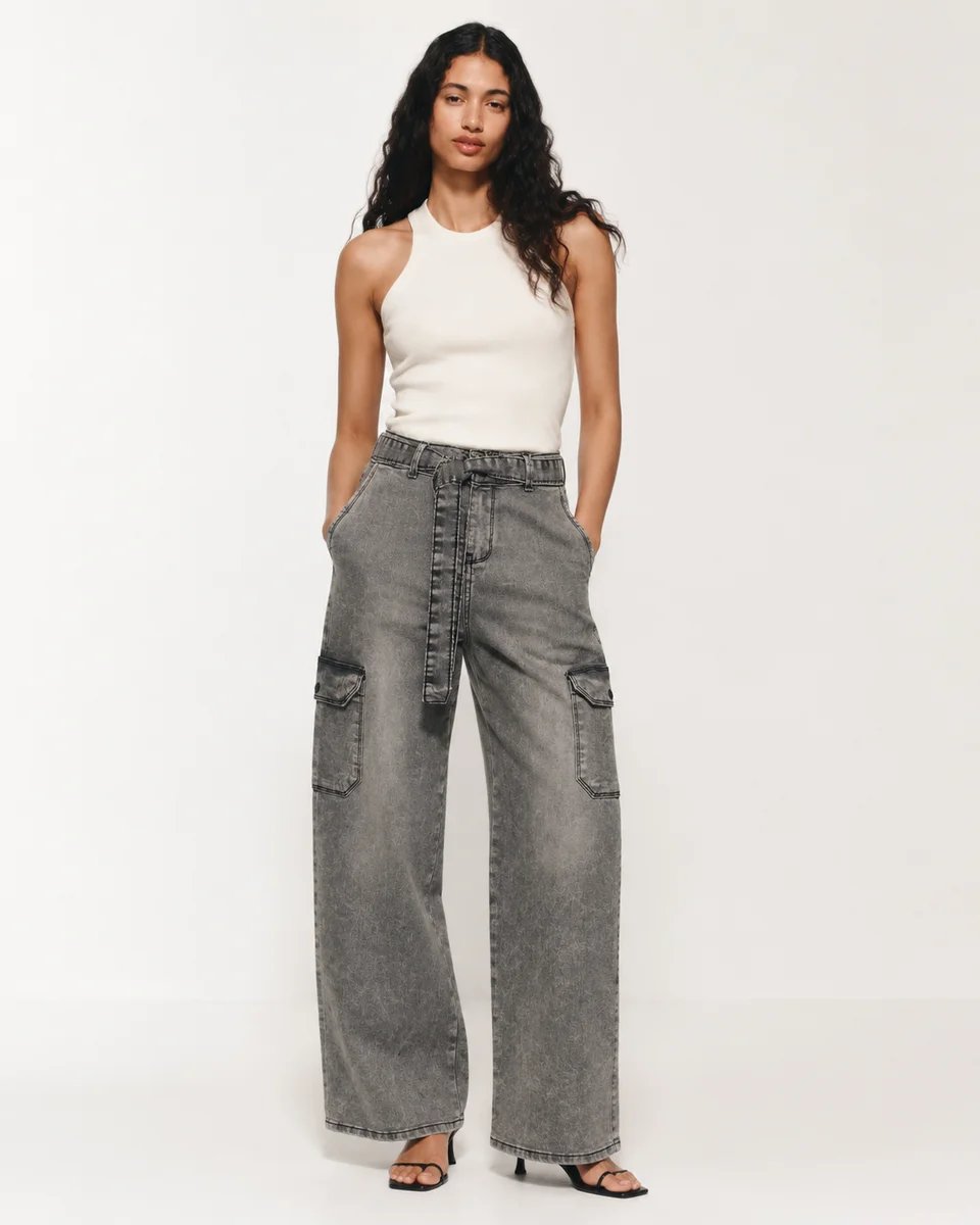 Pantalon Cargo Wide Leg de Mezclilla Gris Acido para Mujer