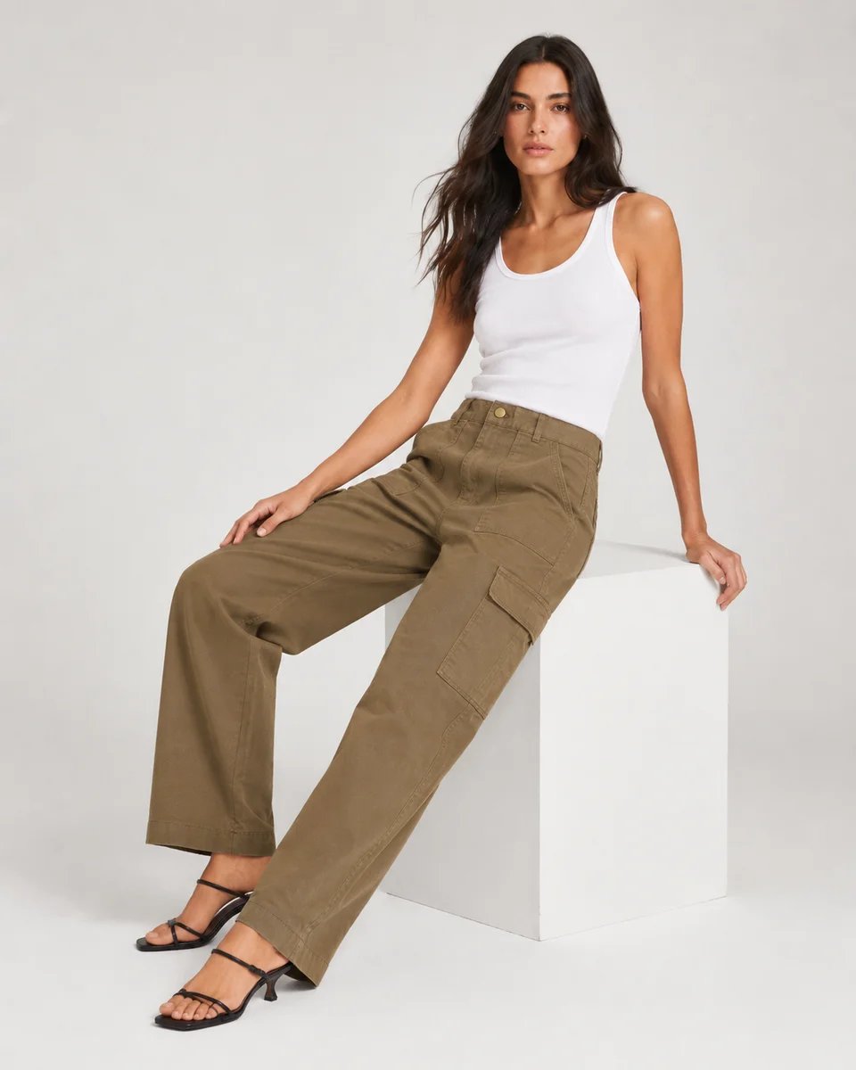 Pantalon Cargo Wide Leg Verde Militar Para Mujer Estilo Casual