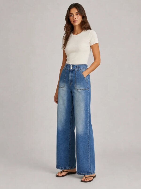 Pantalon Wide Leg de Mezclilla Azul Desgastada para Mujer