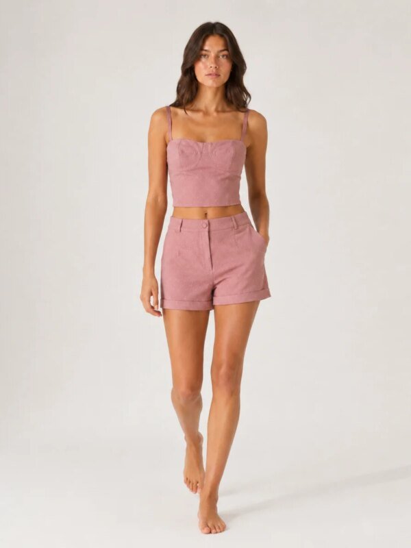 Conjunto Dos Piezas Top Bustier Y Short Tiro Alto Rosa Para Mujer