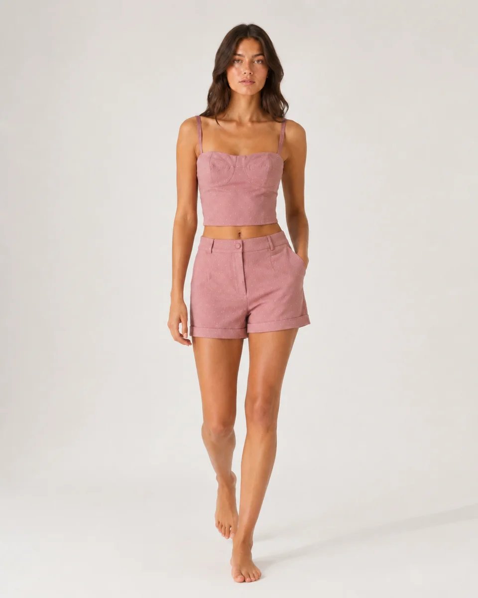 Conjunto Dos Piezas Top Bustier Y Short Tiro Alto Rosa Para Mujer