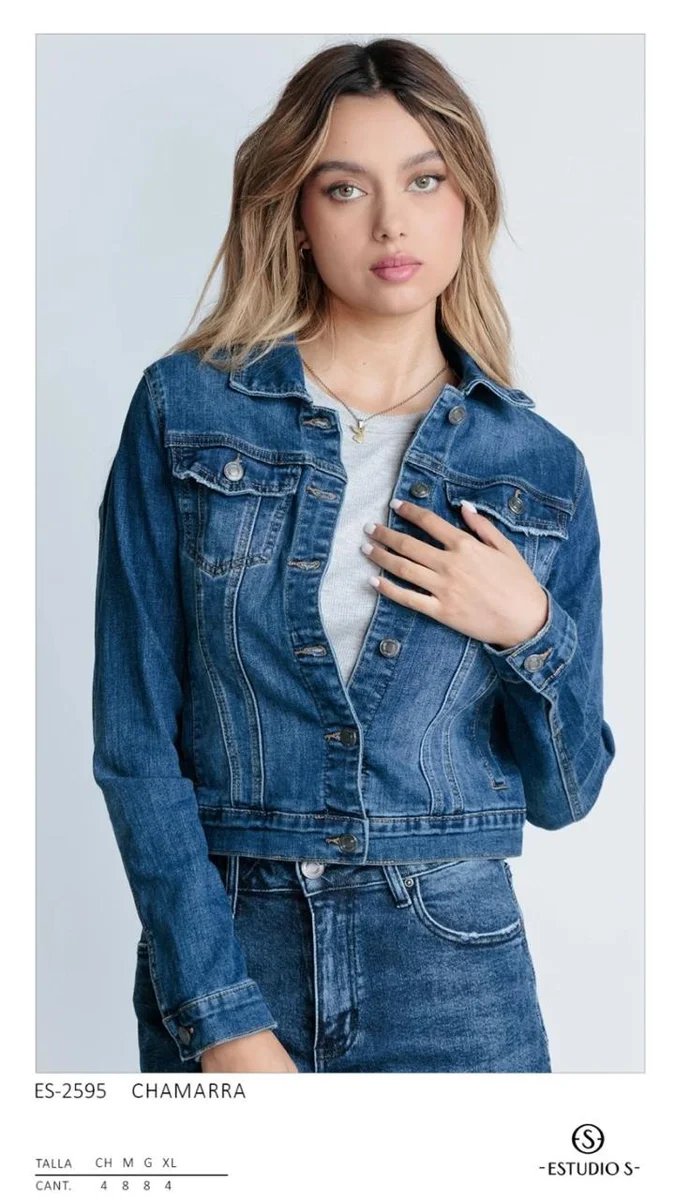 Chamarra Cropped de Mezclilla Clasica Denim para Mujer