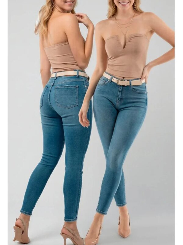 Jeans Skinny Tiro Alto Con Cinturon Para Mujer Azul Clasico