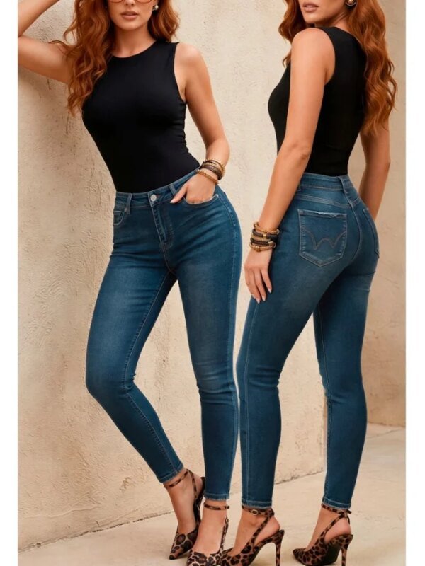 Jeans Skinny Tiro Alto Azul Clásico Para Mujer Corte Entallado