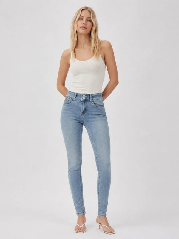 Jeans Skinny Tiro Alto Azul Claro Desteñido Para Mujer