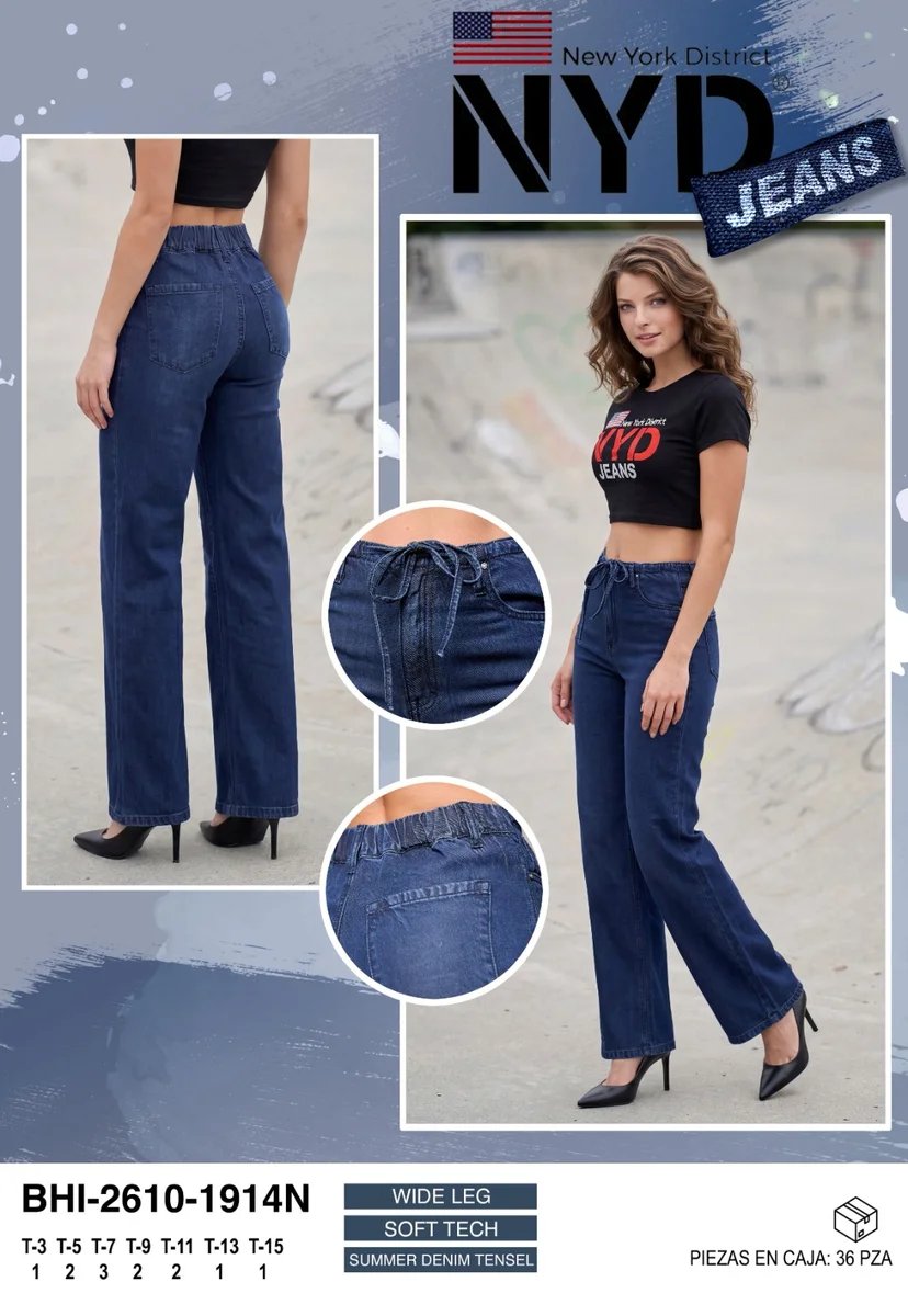 Pantalon Jeans Wide Leg Tiro Alto Mezclilla Azul Para Mujer