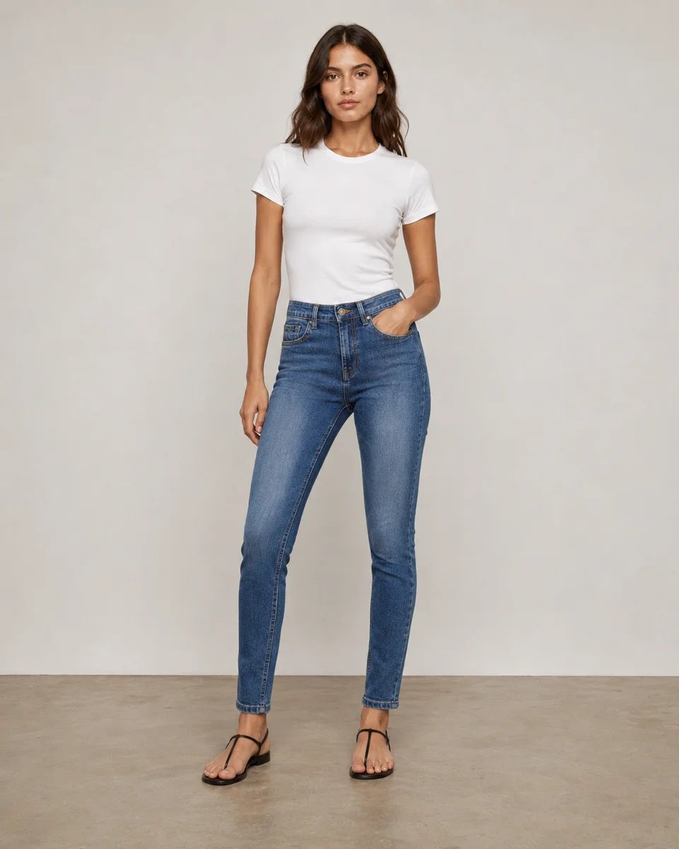 Jeans Skinny Tiro Alto de Mezclilla Azul Clasico para Mujer