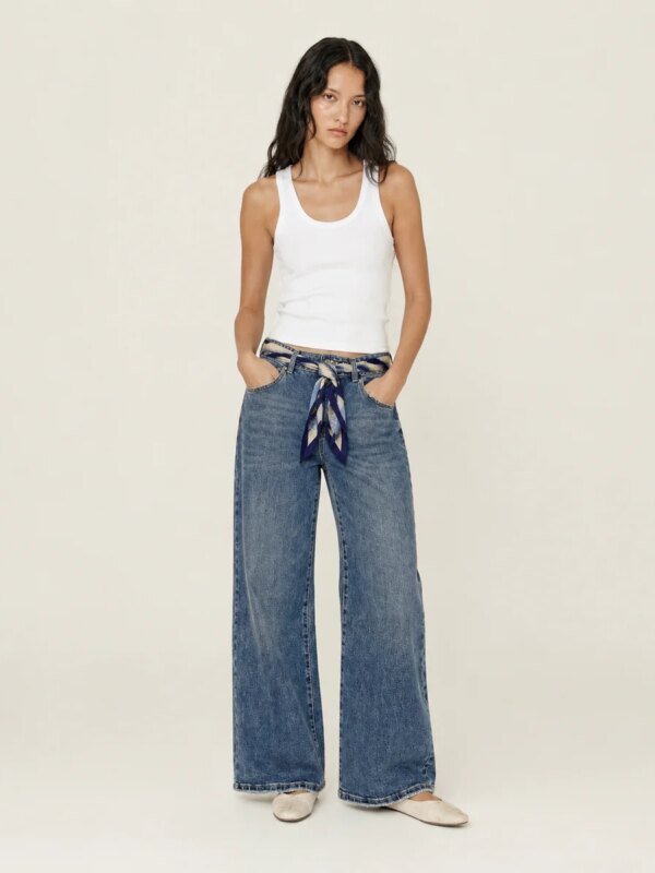 Pantalon Wide Leg de Mezclilla Azul con Cinturon para Mujer