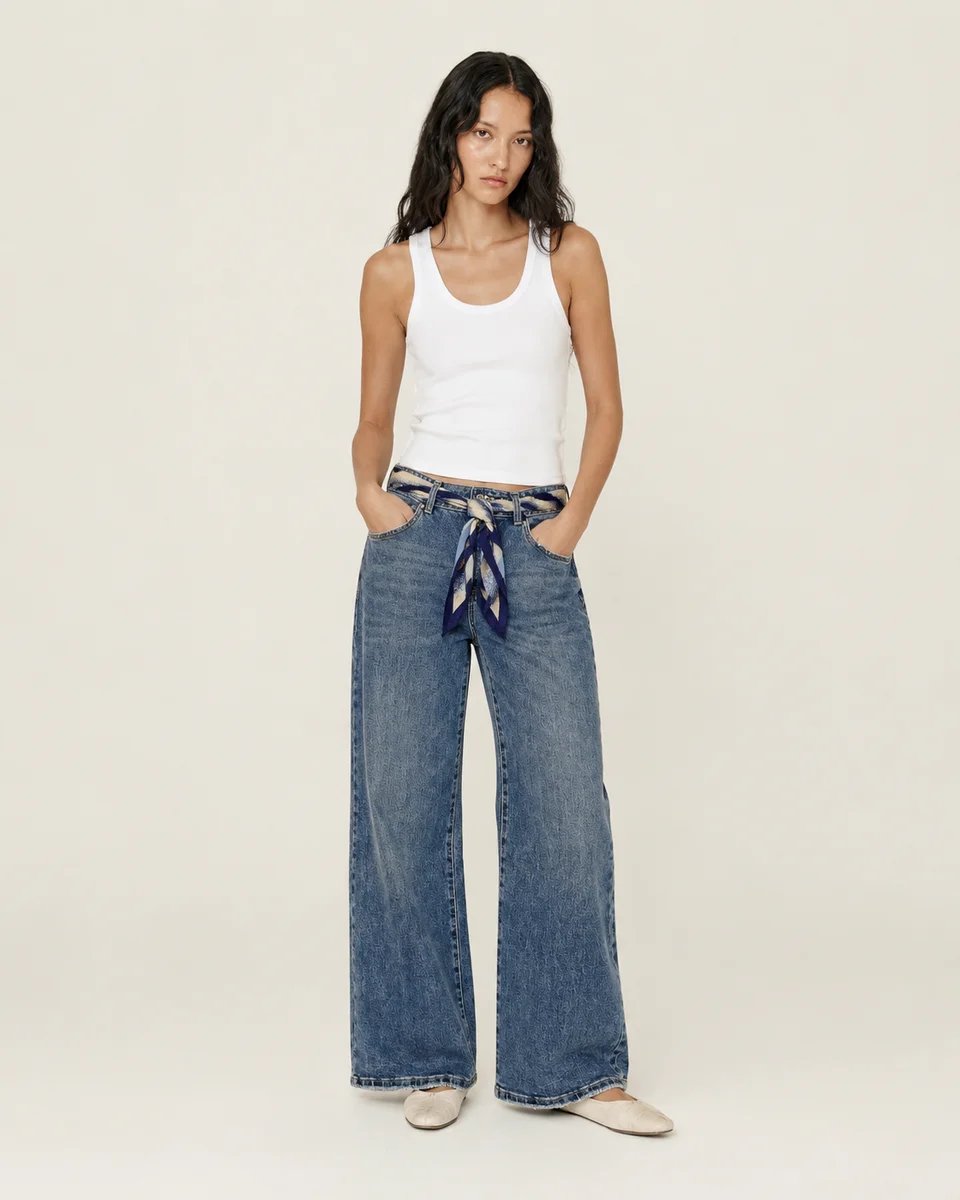 Pantalon Wide Leg de Mezclilla Azul con Cinturon para Mujer