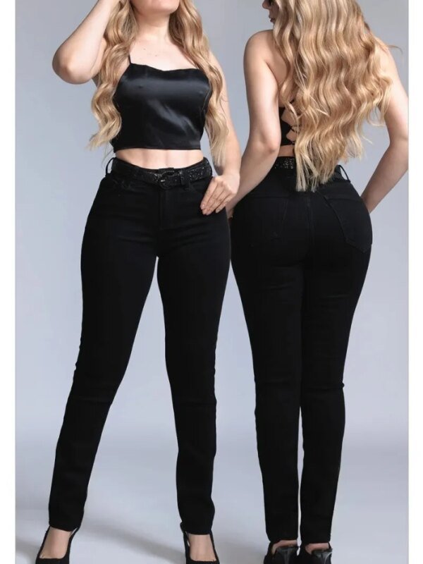 Pantalon Skinny Tiro Alto Con Cinto Para Mujer Negro