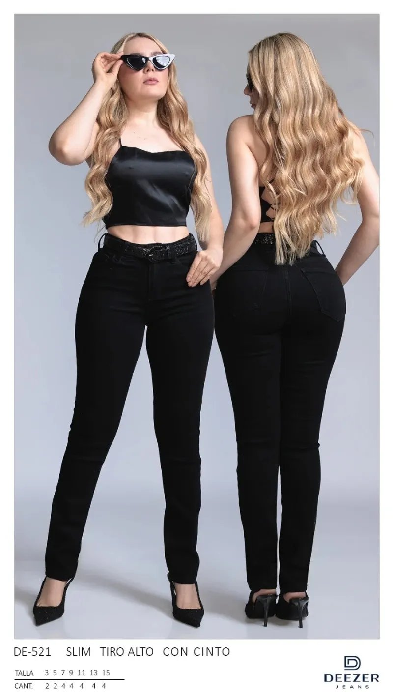 Pantalon Skinny Tiro Alto Con Cinto Para Mujer Negro