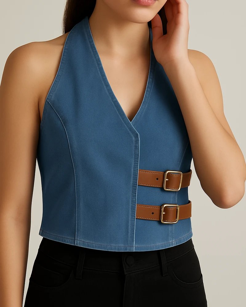 Chaleco Halter de Mezclilla Azul con Hebillas para Mujer - Image 2