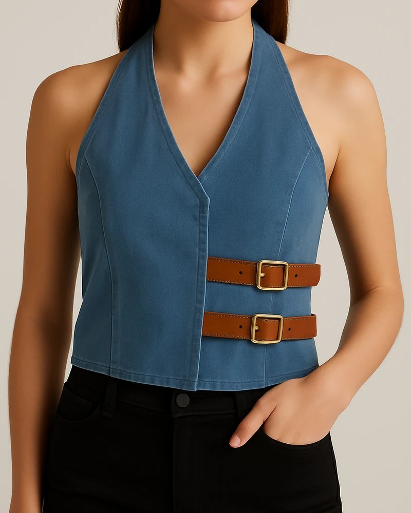 Chaleco Halter de Mezclilla Azul con Hebillas para Mujer - Image 3