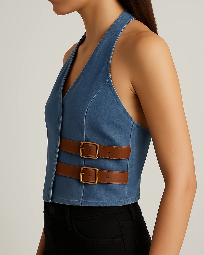 Chaleco Halter de Mezclilla Azul con Hebillas para Mujer - Image 5