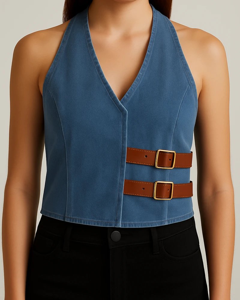 Chaleco Halter de Mezclilla Azul con Hebillas para Mujer - Image 6
