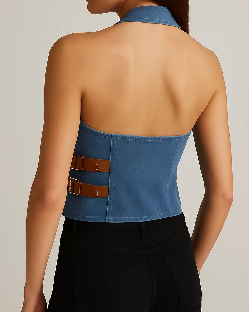 Chaleco Halter de Mezclilla Azul con Hebillas para Mujer - Image 7