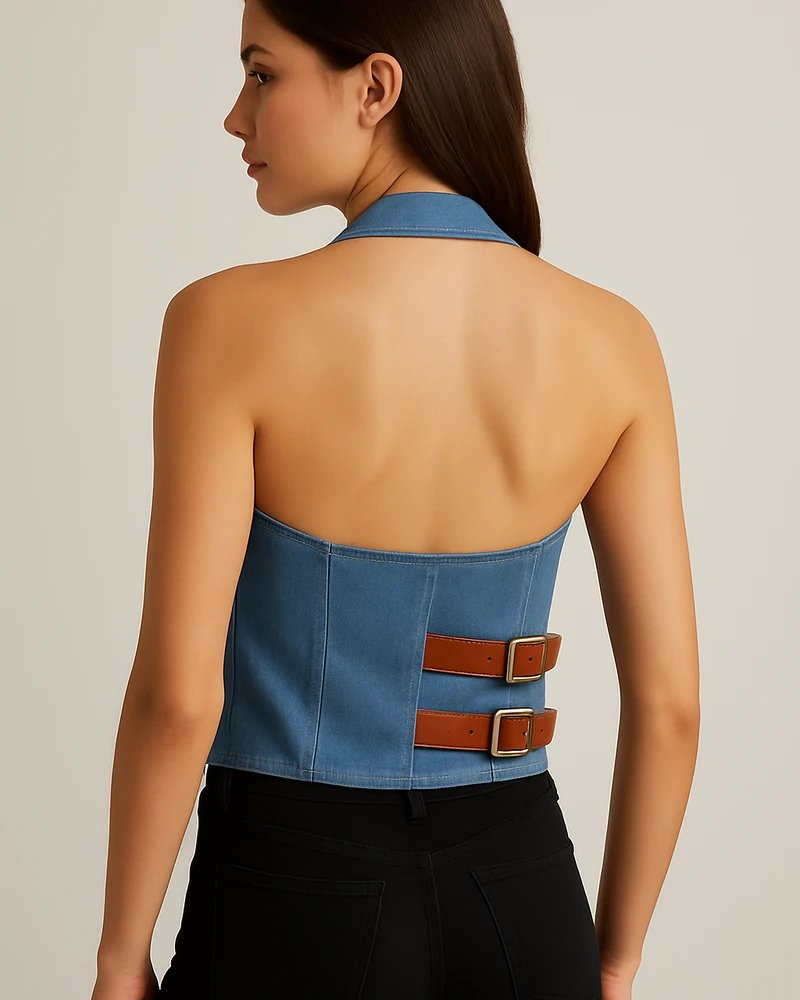 Chaleco Halter de Mezclilla Azul con Hebillas para Mujer - Image 8