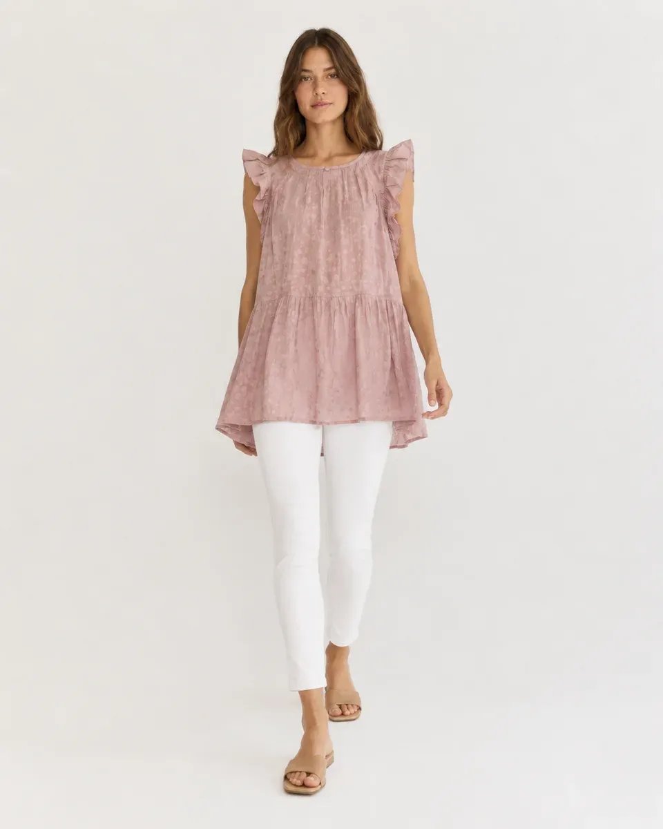 Vestido Tunica Rosa con Volantes y Textura Jacquard para Mujer - Image 4