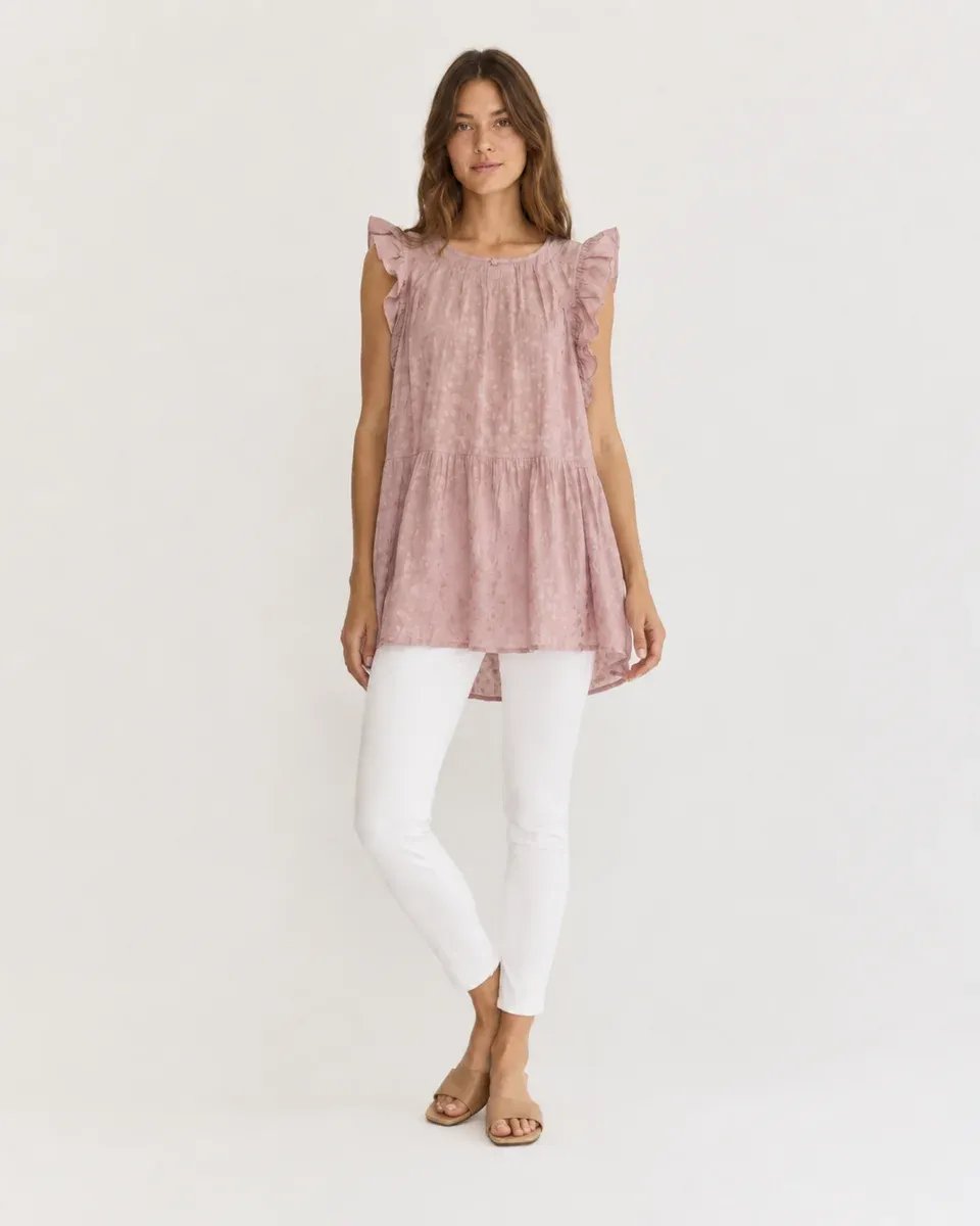 Vestido Tunica Rosa con Volantes y Textura Jacquard para Mujer - Image 5