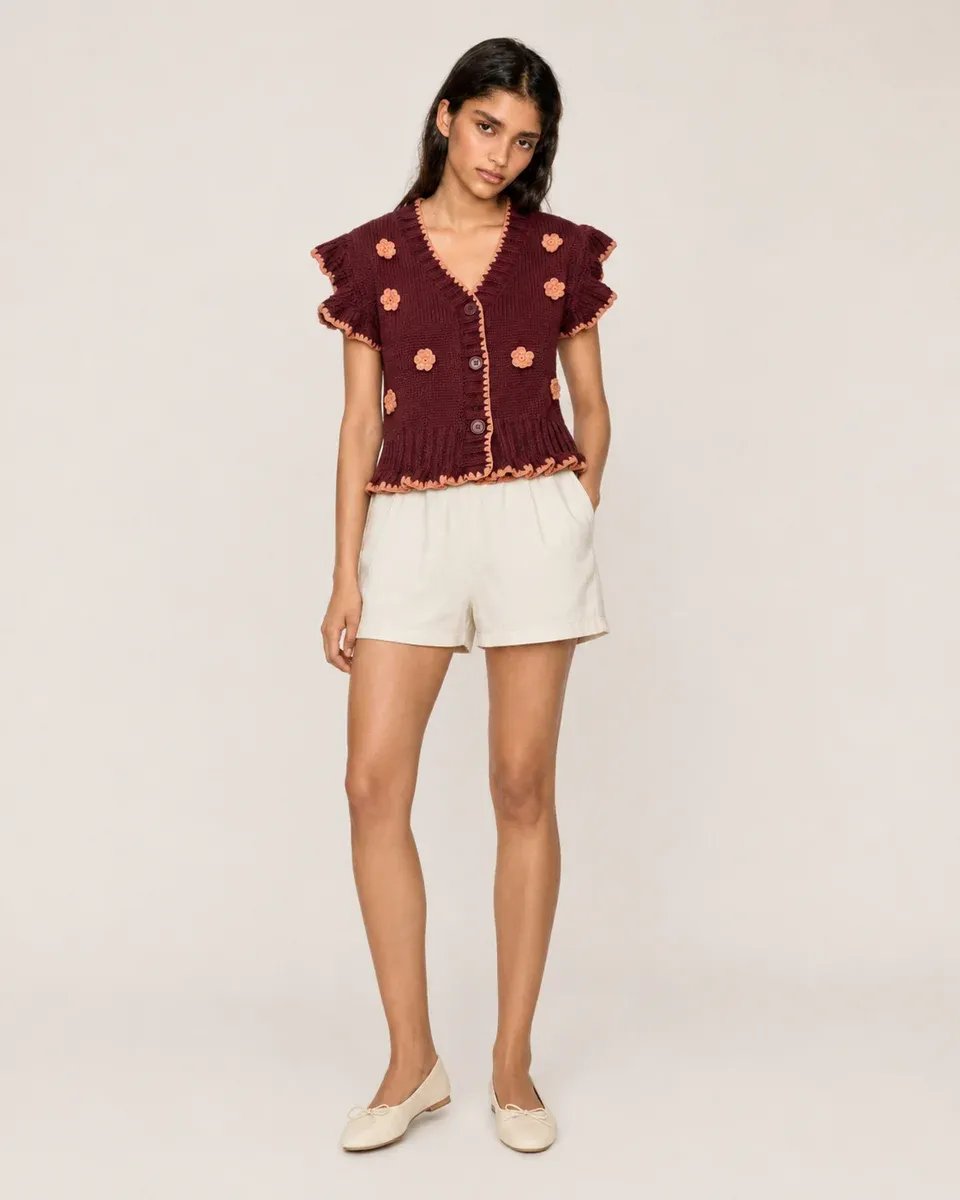 Blusa Tejida con Flores Bordadas y Manga Corta para Mujer - Image 4
