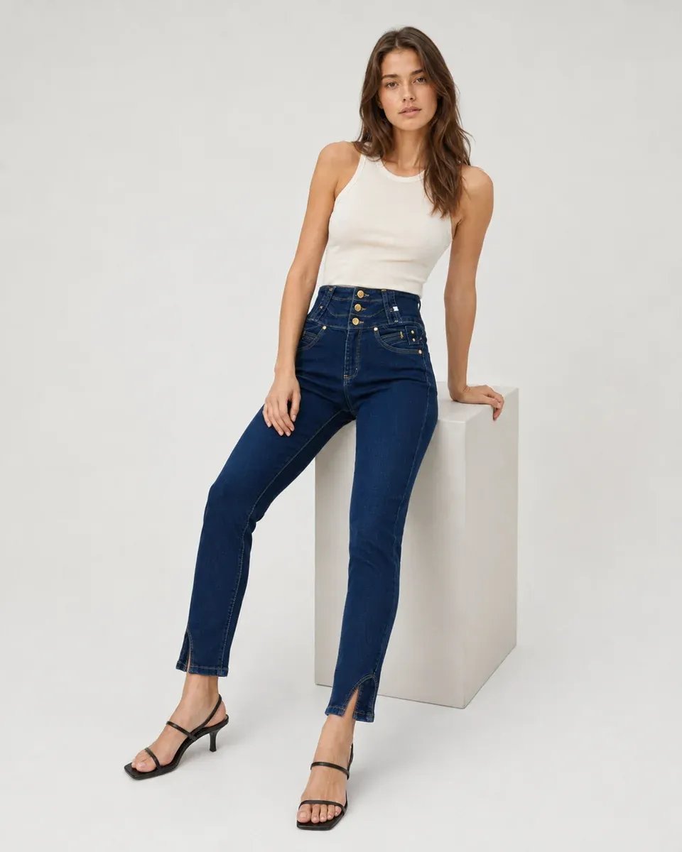 Jeans De Tiro Alto Con Botones Frontales Para Mujer Estilo Retro - Image 2