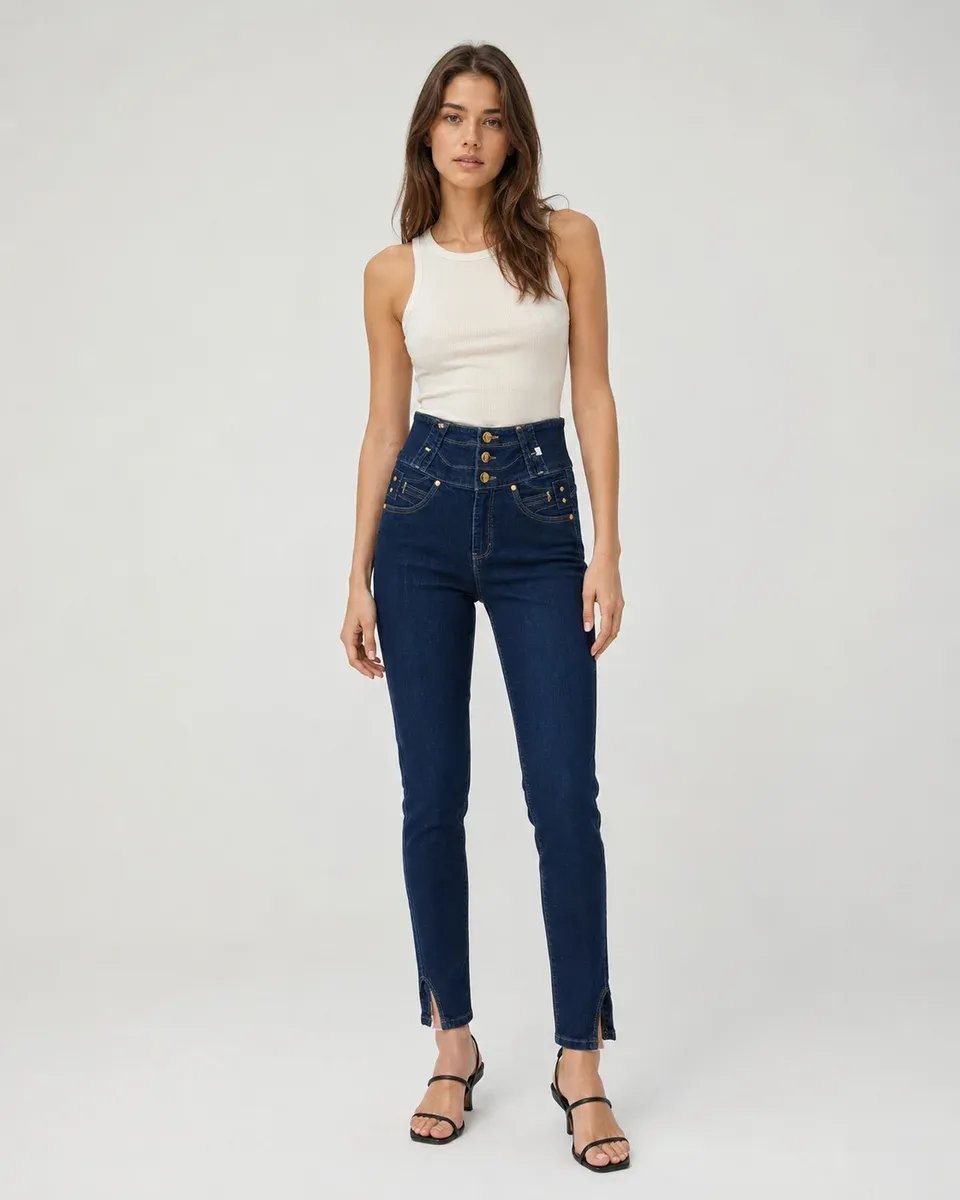 Jeans De Tiro Alto Con Botones Frontales Para Mujer Estilo Retro - Image 3
