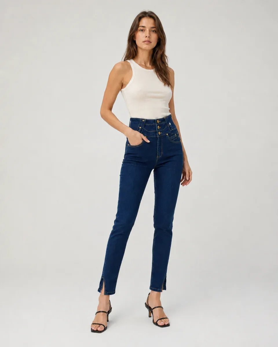 Jeans De Tiro Alto Con Botones Frontales Para Mujer Estilo Retro - Image 4