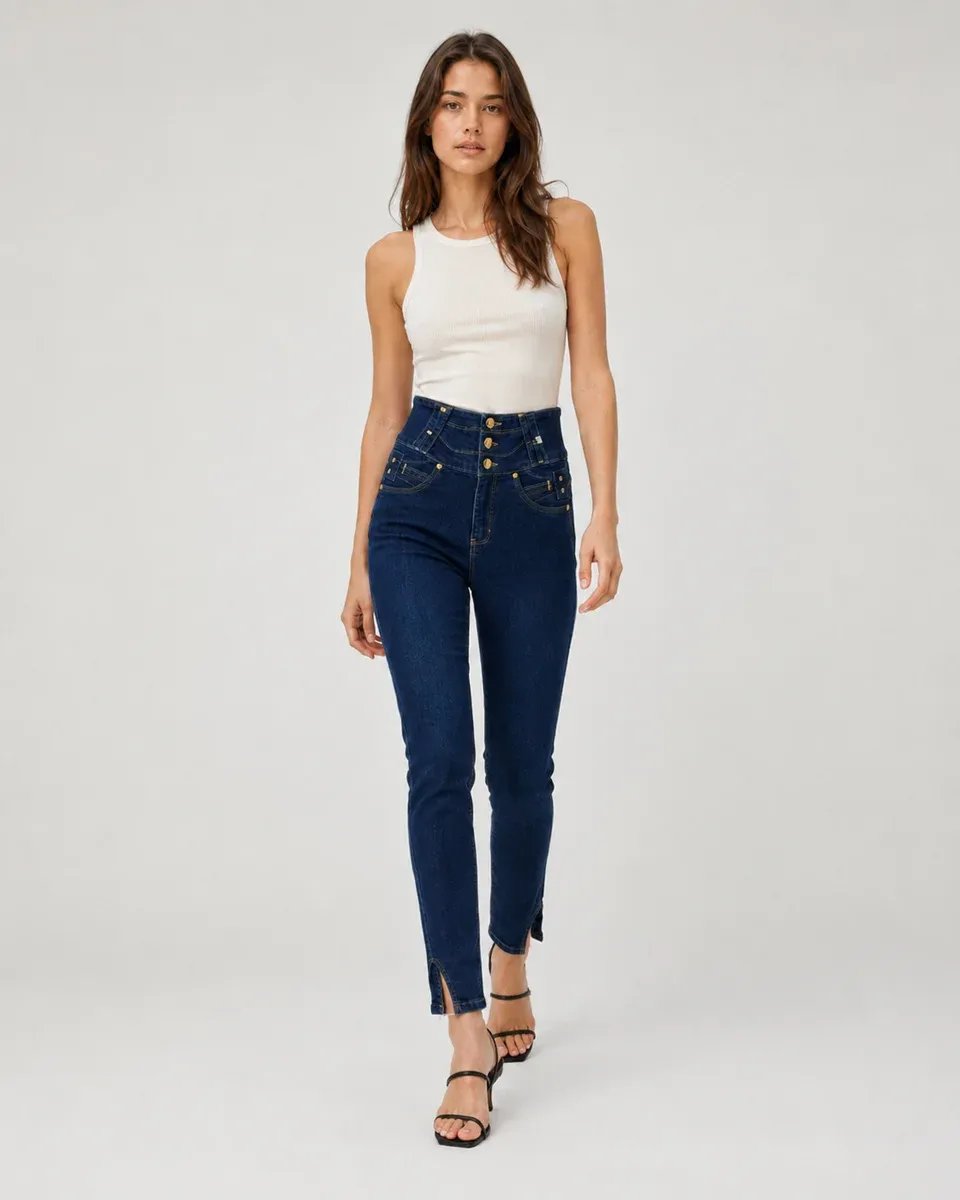 Jeans De Tiro Alto Con Botones Frontales Para Mujer Estilo Retro - Image 5