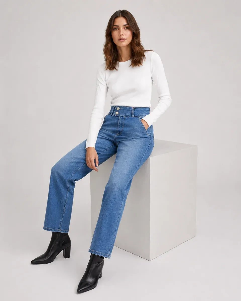 Jeans Straight Tiro Alto Azul Clasico Para Mujer KLOE - Image 2