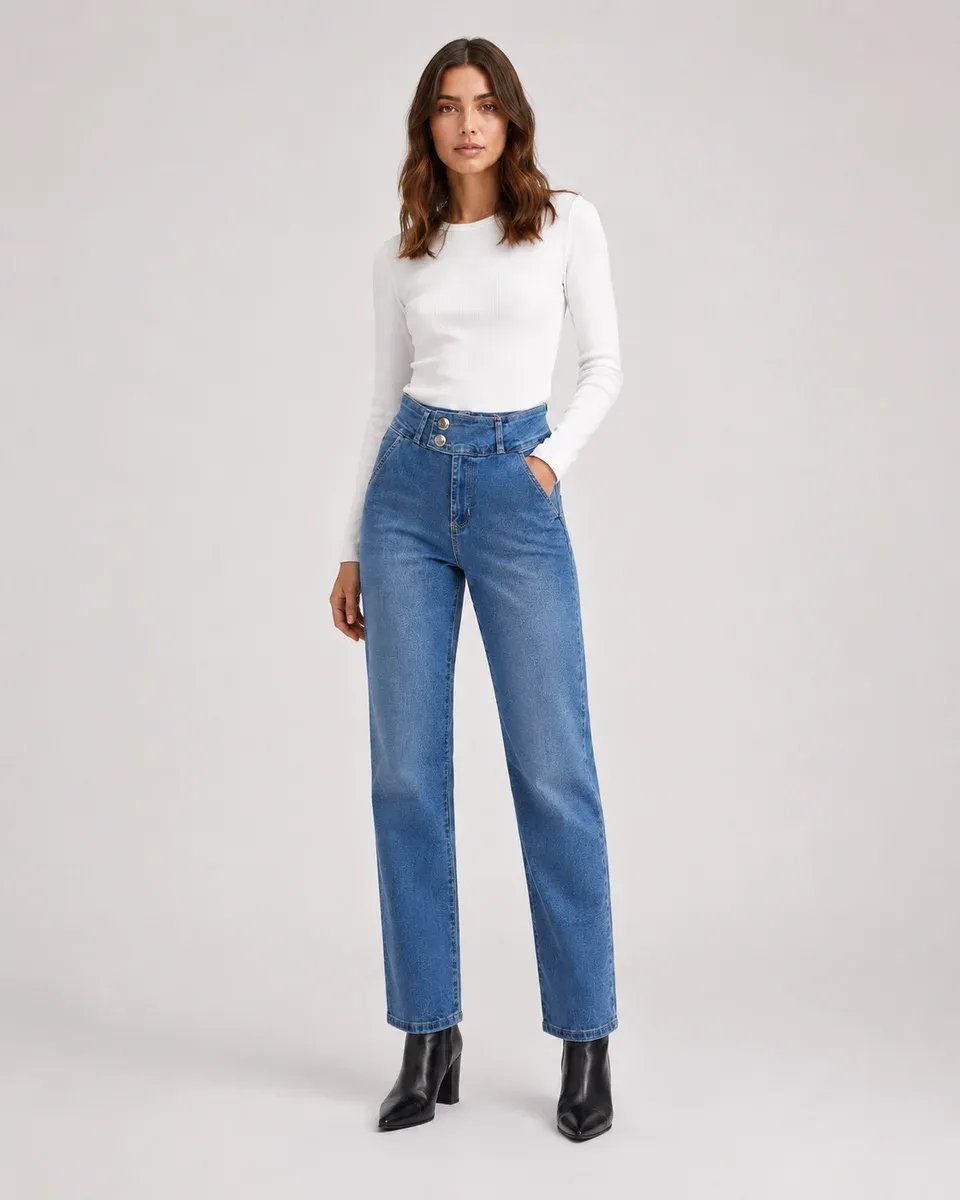 Jeans Straight Tiro Alto Azul Clasico Para Mujer KLOE - Image 3