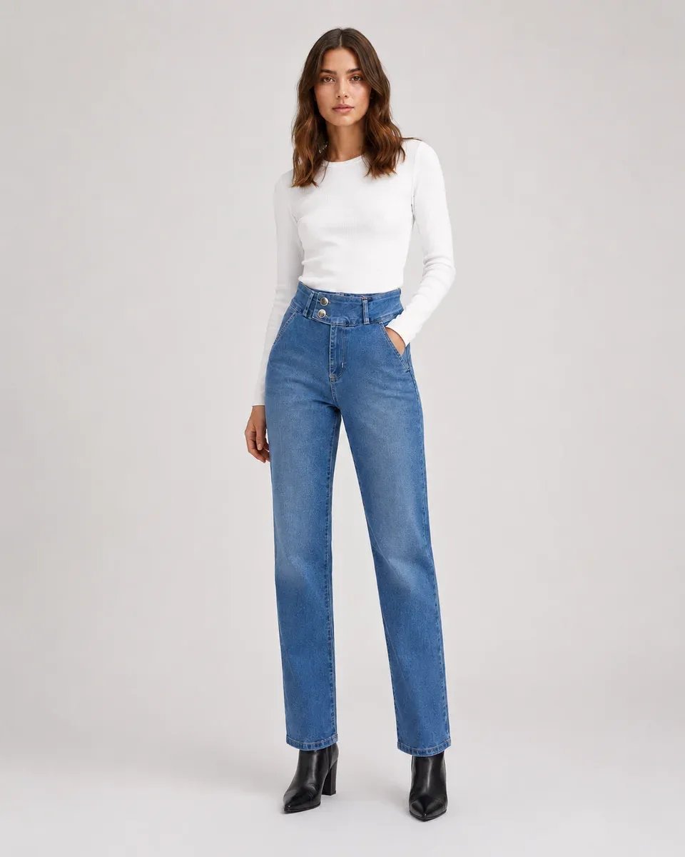 Jeans Straight Tiro Alto Azul Clasico Para Mujer KLOE - Image 4