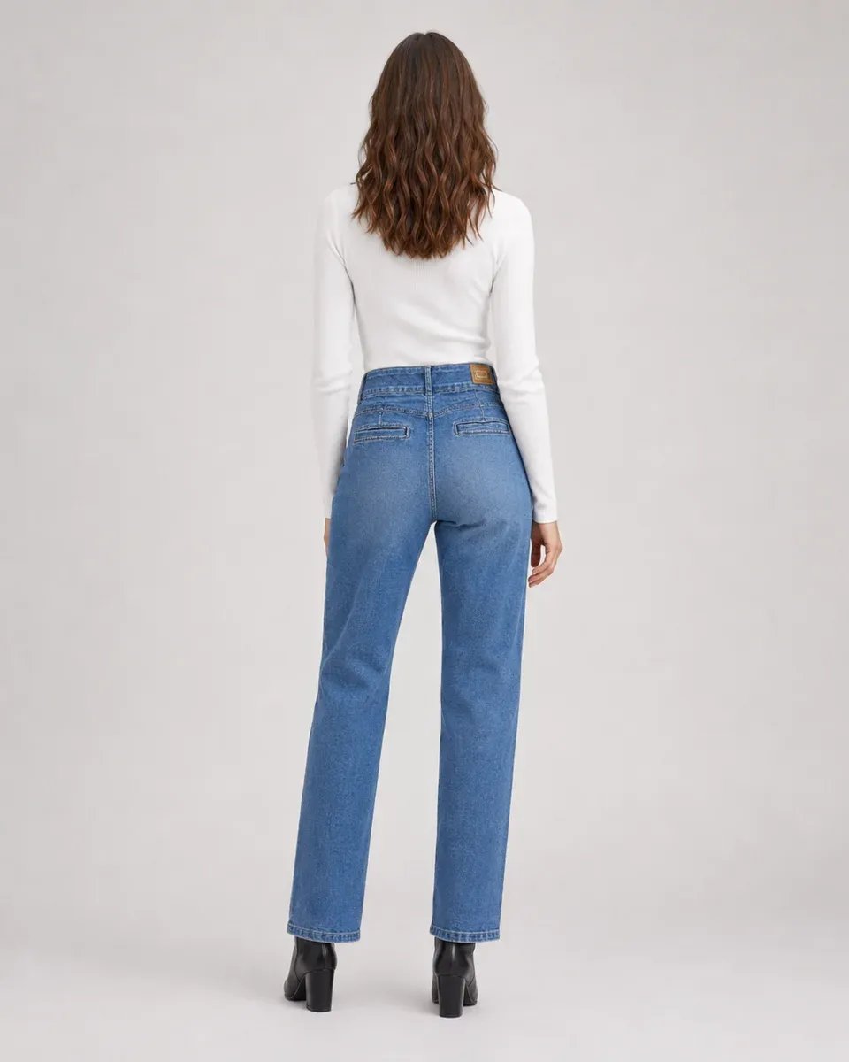 Jeans Straight Tiro Alto Azul Clasico Para Mujer KLOE - Image 5