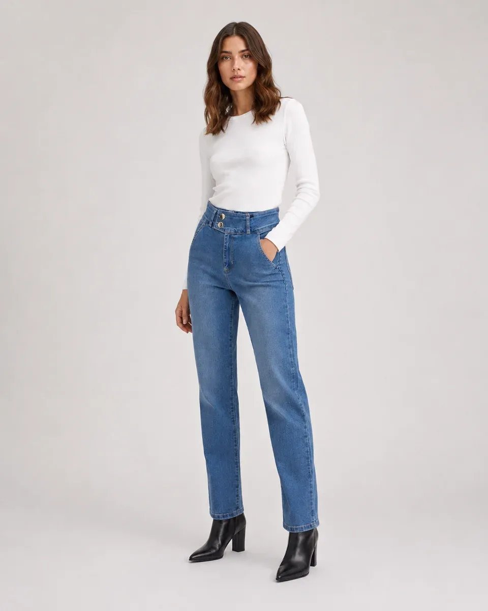 Jeans Straight Tiro Alto Azul Clasico Para Mujer KLOE - Image 6