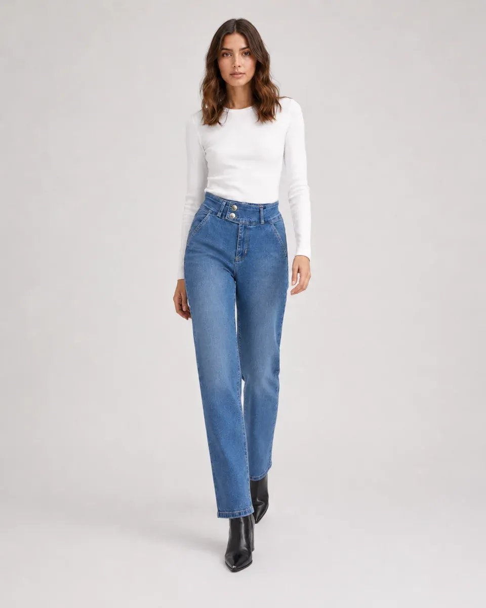 Jeans Straight Tiro Alto Azul Clasico Para Mujer KLOE - Image 8