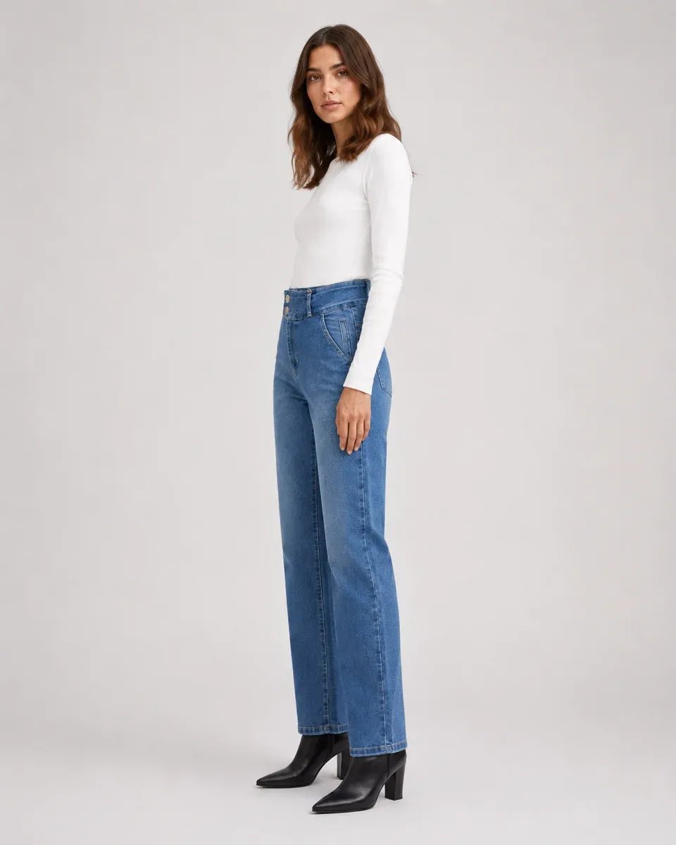 Jeans Straight Tiro Alto Azul Clasico Para Mujer KLOE - Image 7