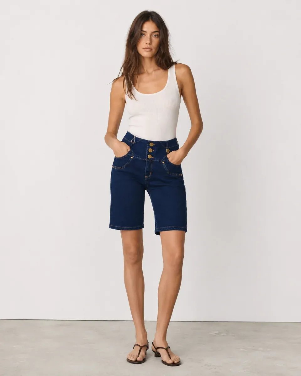 Bermuda Denim Tiro Alto Con Botones Para Mujer Estilo Vintage - Image 4