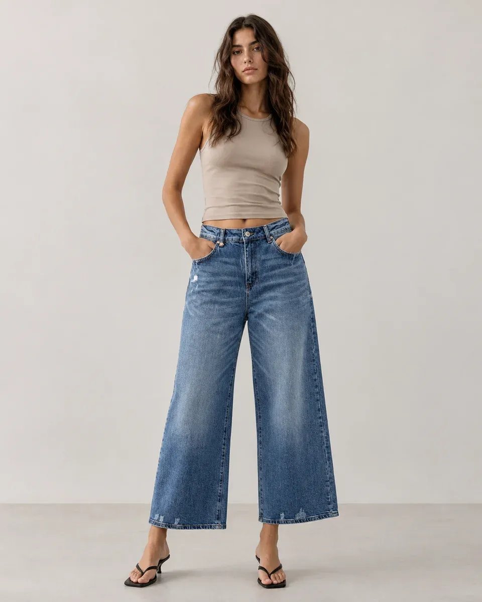 Jeans Culotte de Tiro Alto Azul Claro para Mujer - Image 2