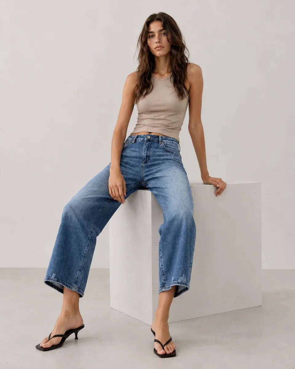 Jeans Culotte de Tiro Alto Azul Claro para Mujer - Image 3