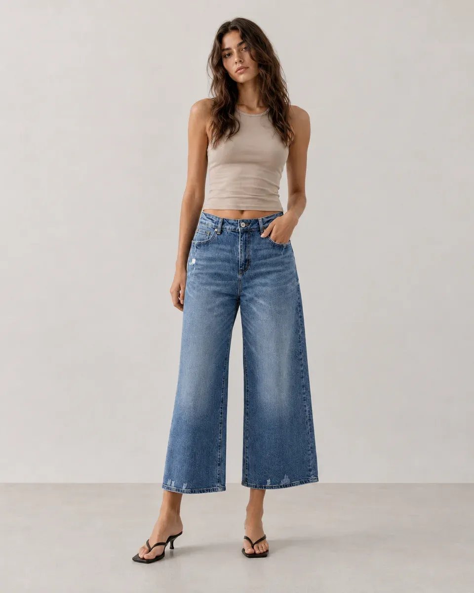 Jeans Culotte de Tiro Alto Azul Claro para Mujer - Image 5